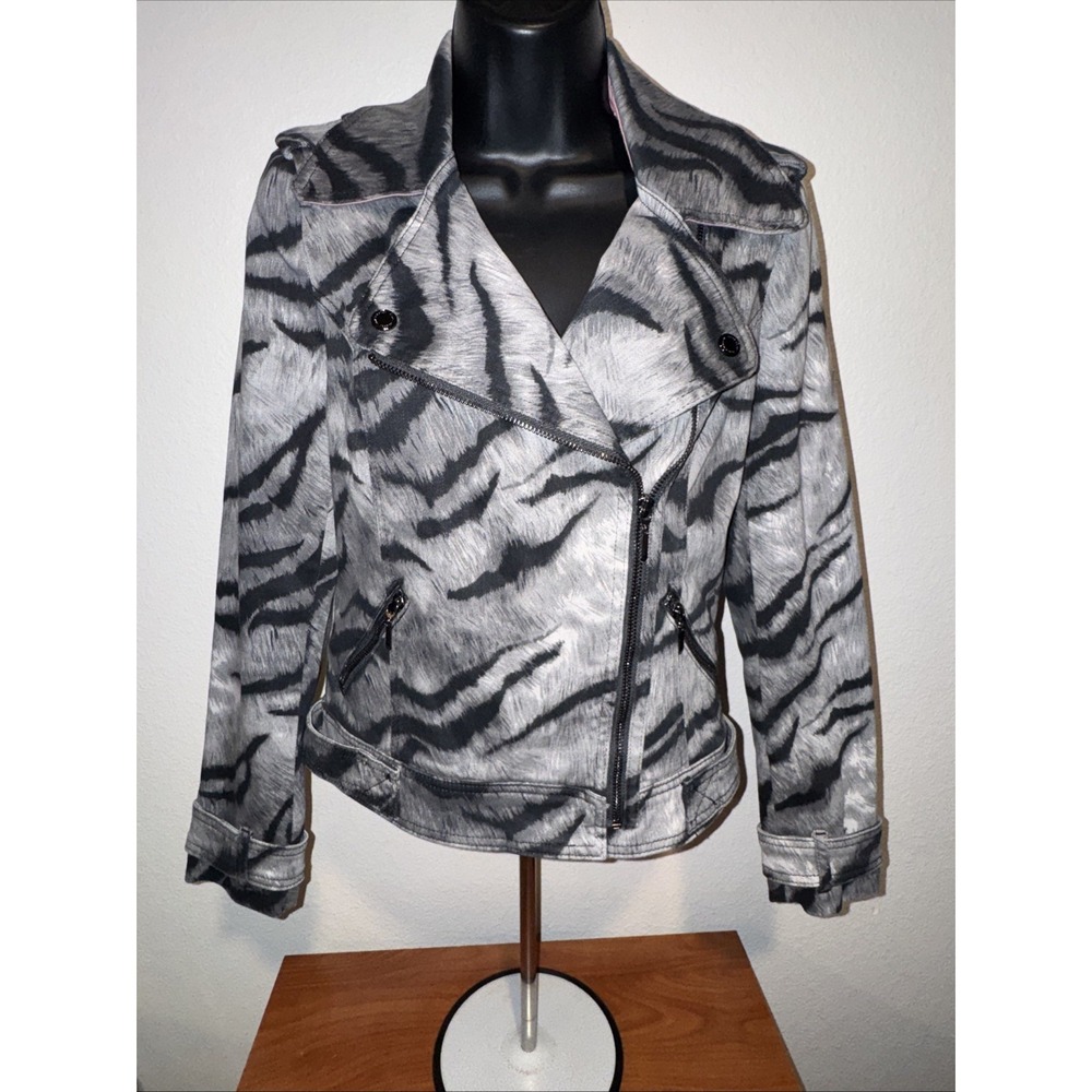 White House Black Market Moto Trucker Jacket Size 2 Small Denim‎ Tiger WHBM